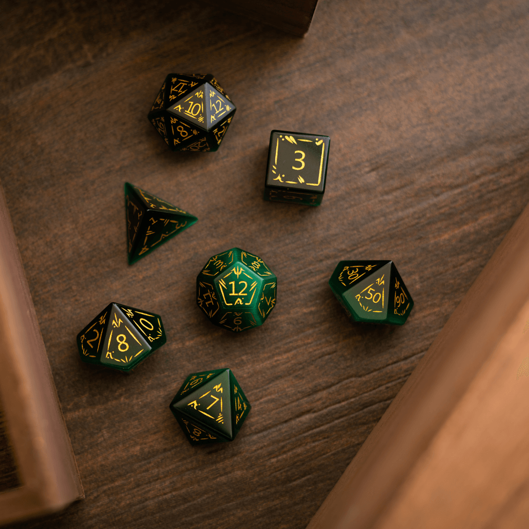 Dragon Shield Green Cats Eye Stone Gemstone DND Dice Set | Gemstone Dice | Wiccan Center