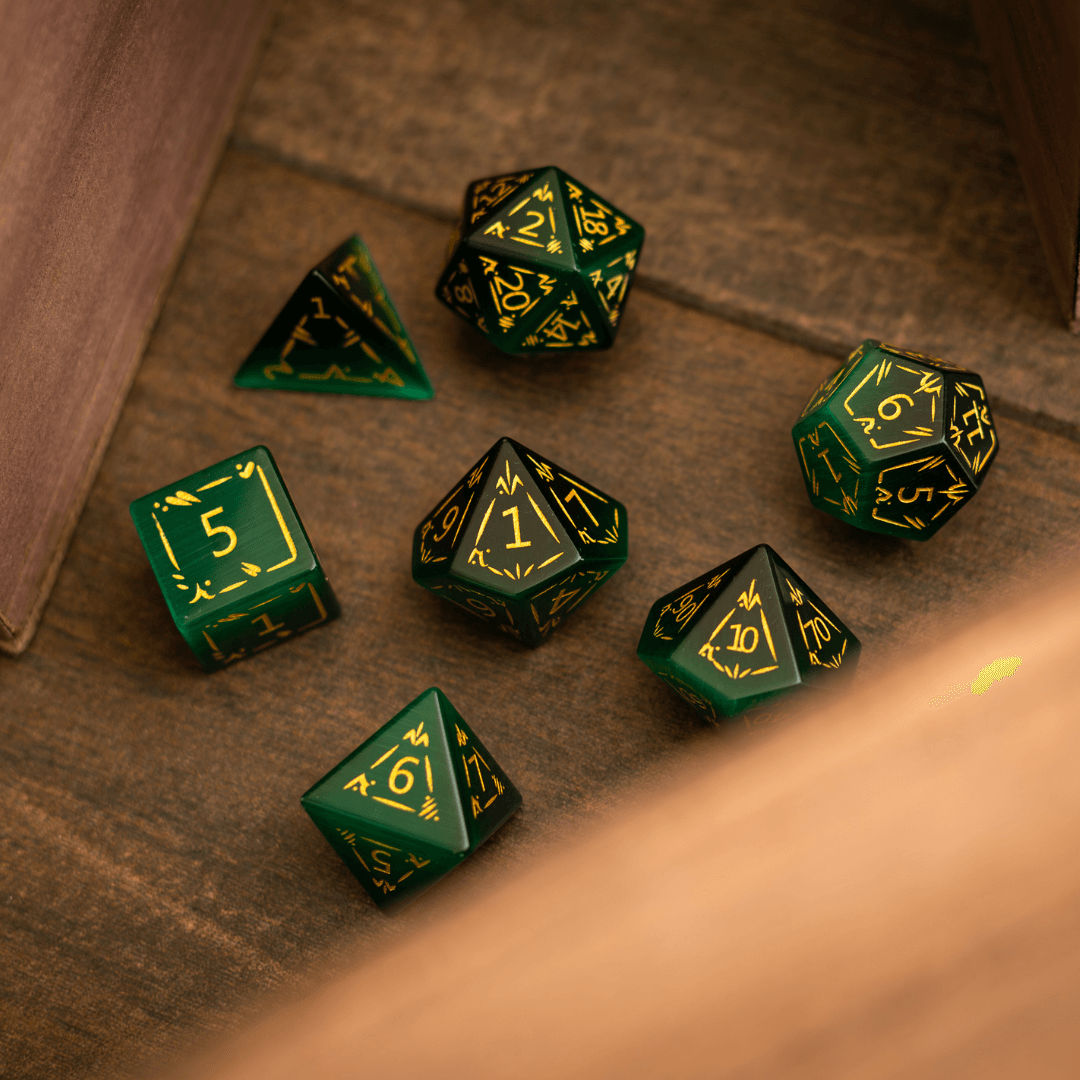 Dragon Shield Green Cats Eye Stone Gemstone DND Dice Set | Gemstone Dice | Wiccan Center