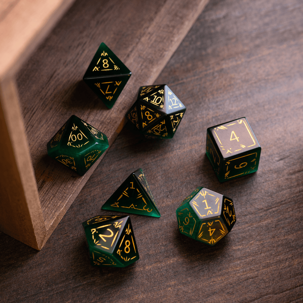Dragon Shield Green Cats Eye Stone Gemstone DND Dice Set | Gemstone Dice | Wiccan Center