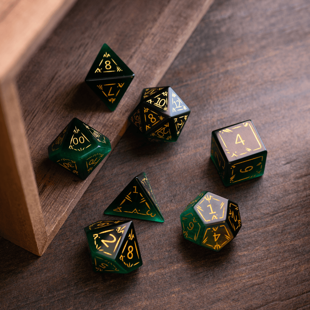 Dragon Shield Green Cats Eye Stone Gemstone DND Dice Set | Gemstone Dice | Wiccan Center