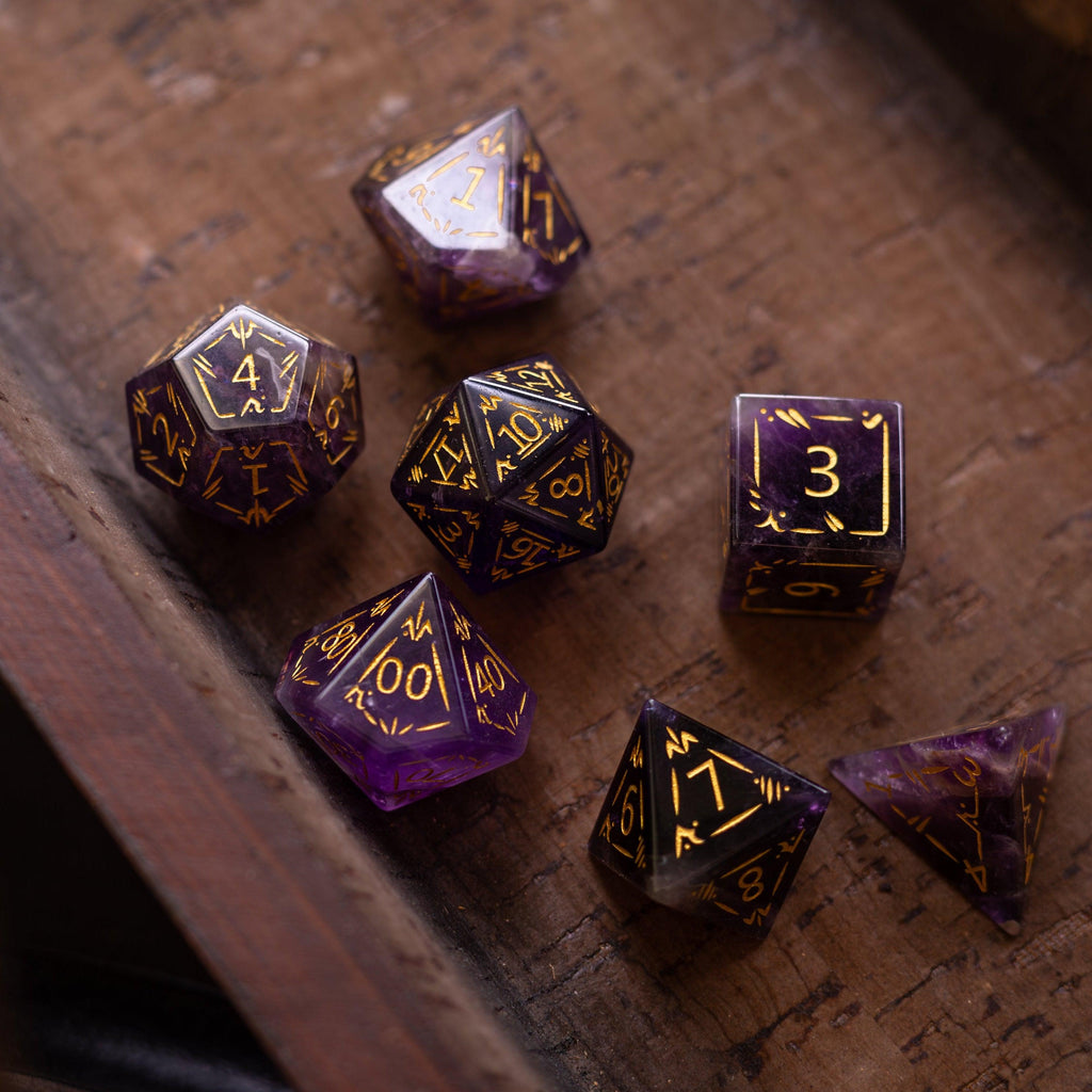 Dragon Shield Purple Amethyst Gemstone DND Dice Set | Gemstone Dice | Wiccan Center