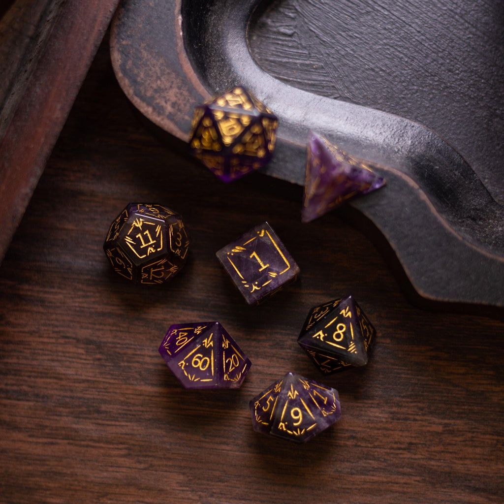 Dragon Shield Purple Amethyst Gemstone DND Dice Set | Gemstone Dice | Wiccan Center