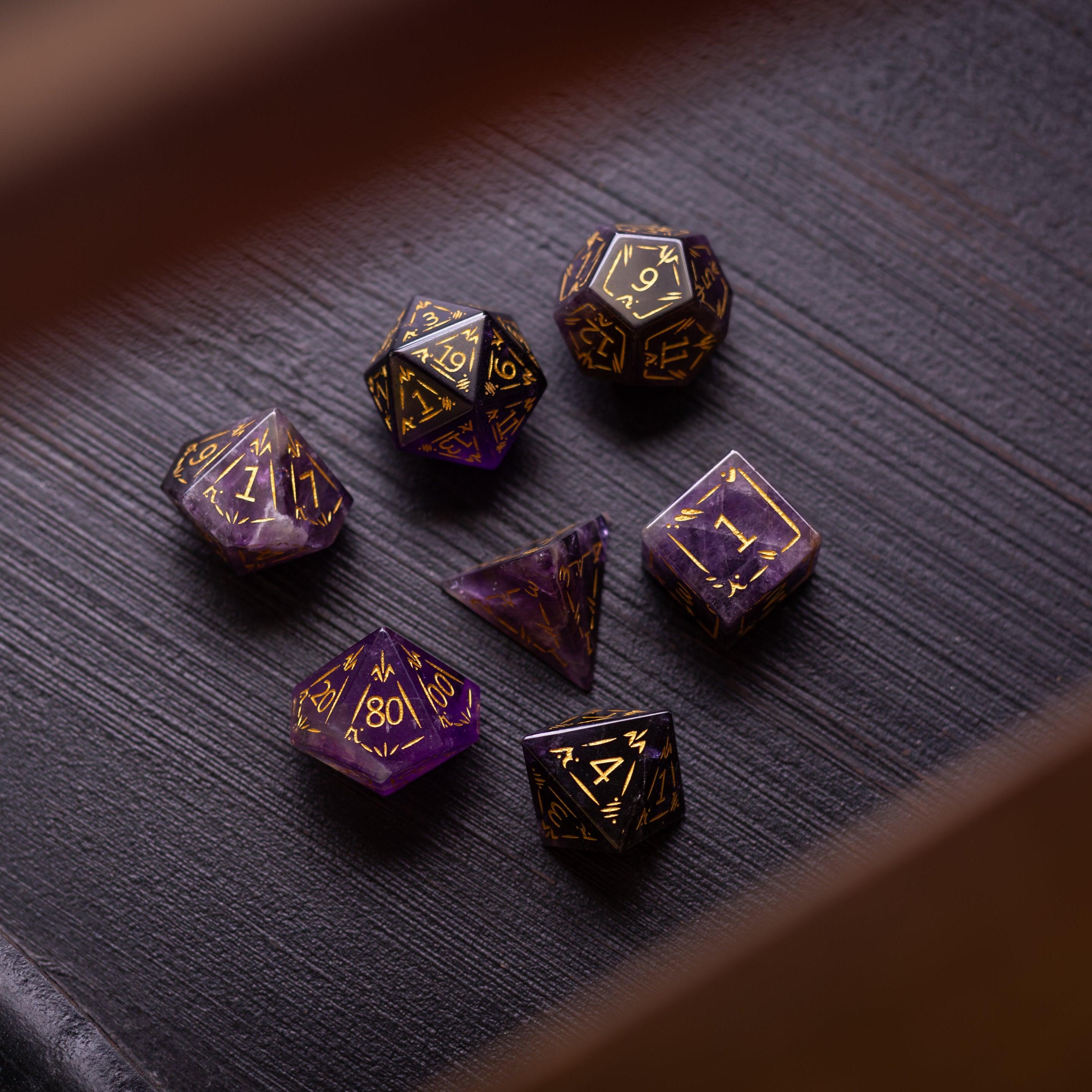 Dragon Shield Purple Amethyst Gemstone DND Dice Set | Gemstone Dice | Wiccan Center