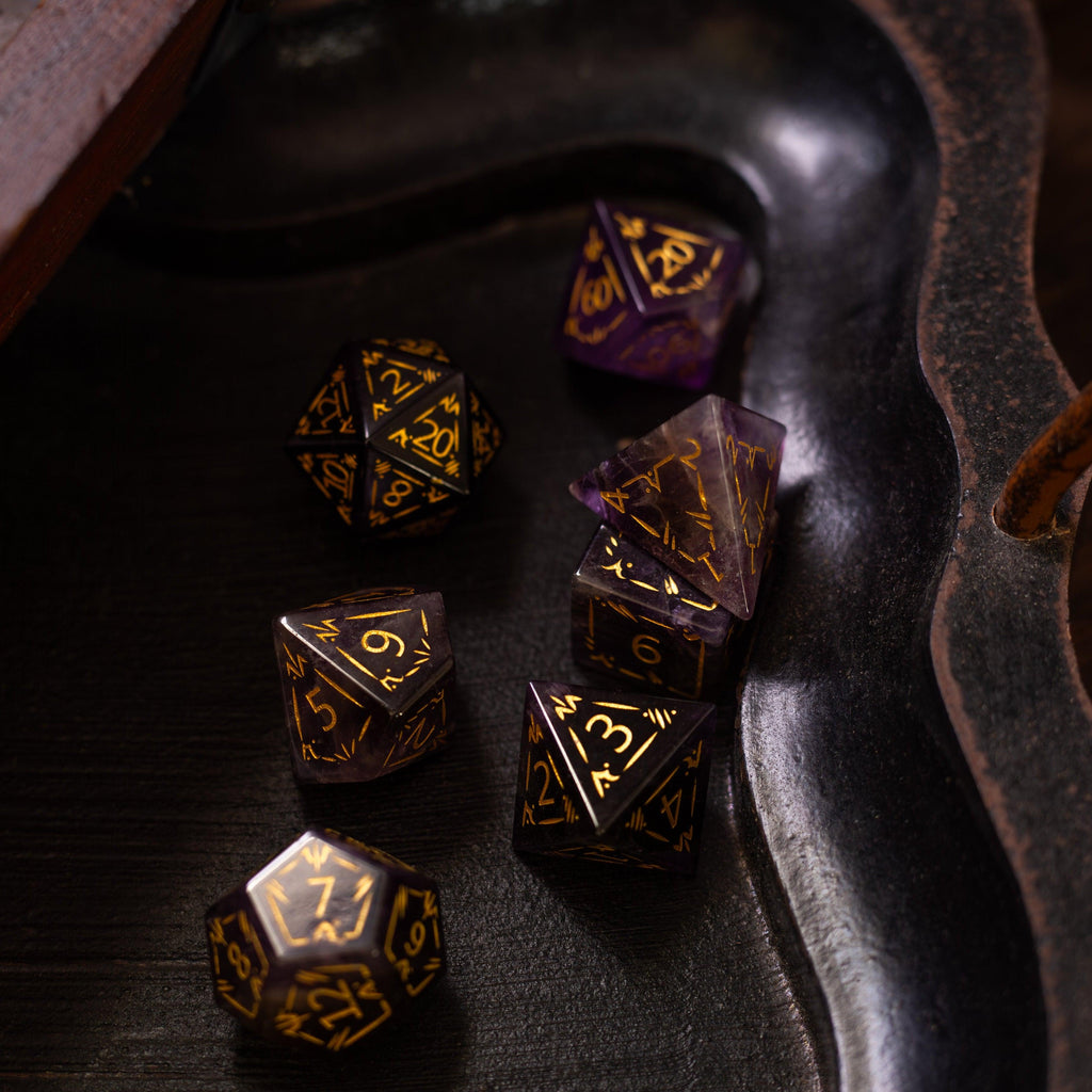 Dragon Shield Purple Amethyst Gemstone DND Dice Set | Gemstone Dice | Wiccan Center