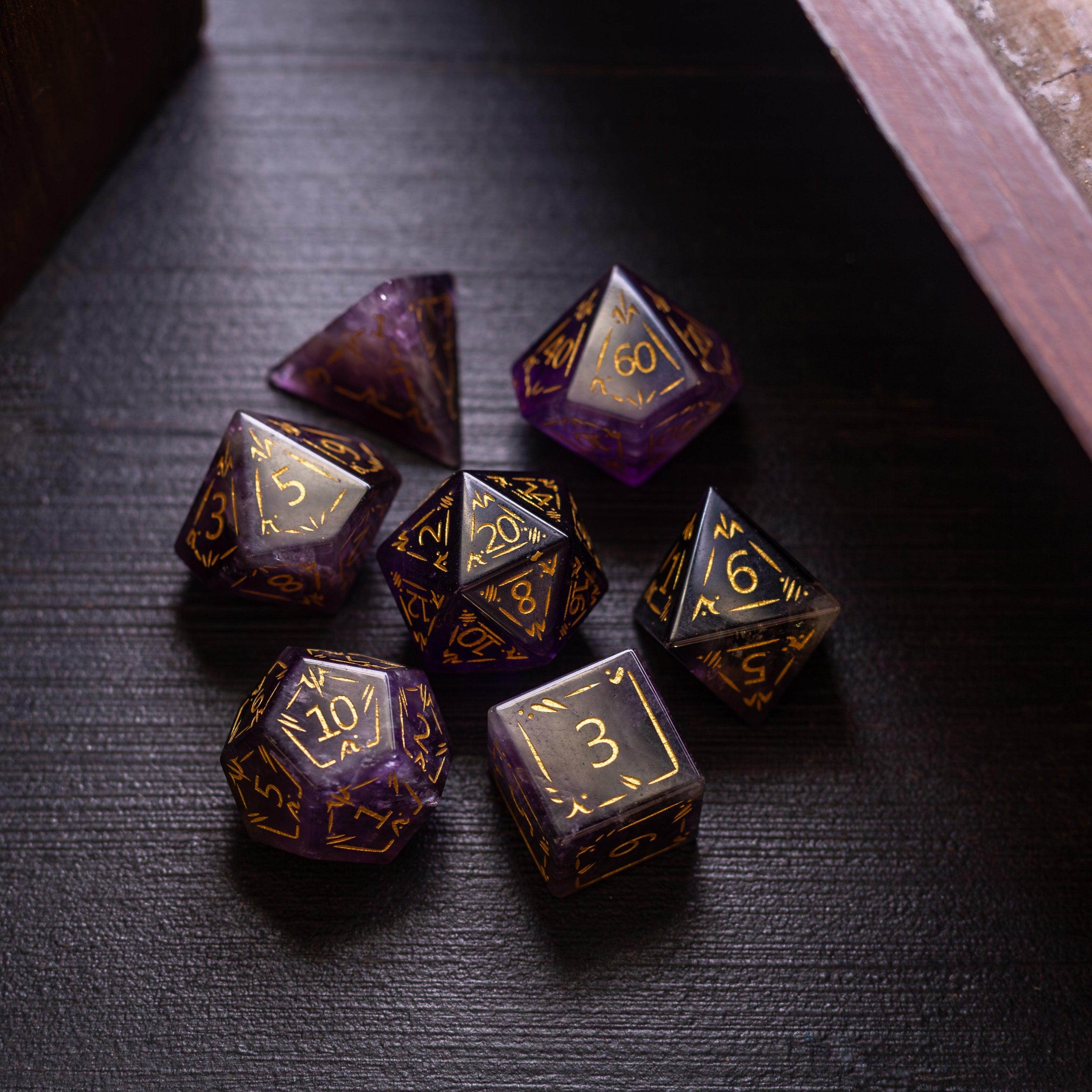 Dragon Shield Purple Amethyst Gemstone DND Dice Set | Gemstone Dice | Wiccan Center