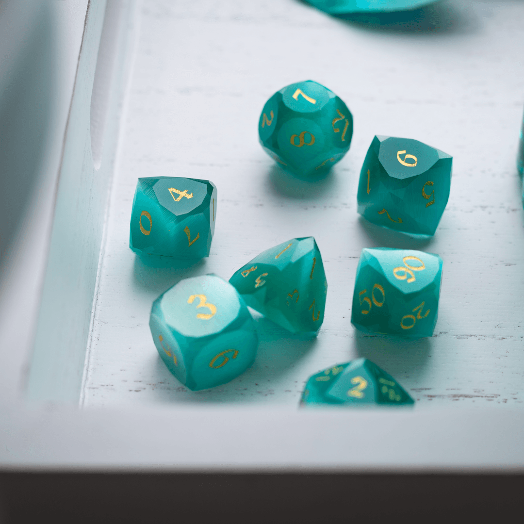 Dwarf Cut Aquamarine Cat’s Eye Gemstone Premium DND Dice Set | Gemstone Dice | Wiccan Center