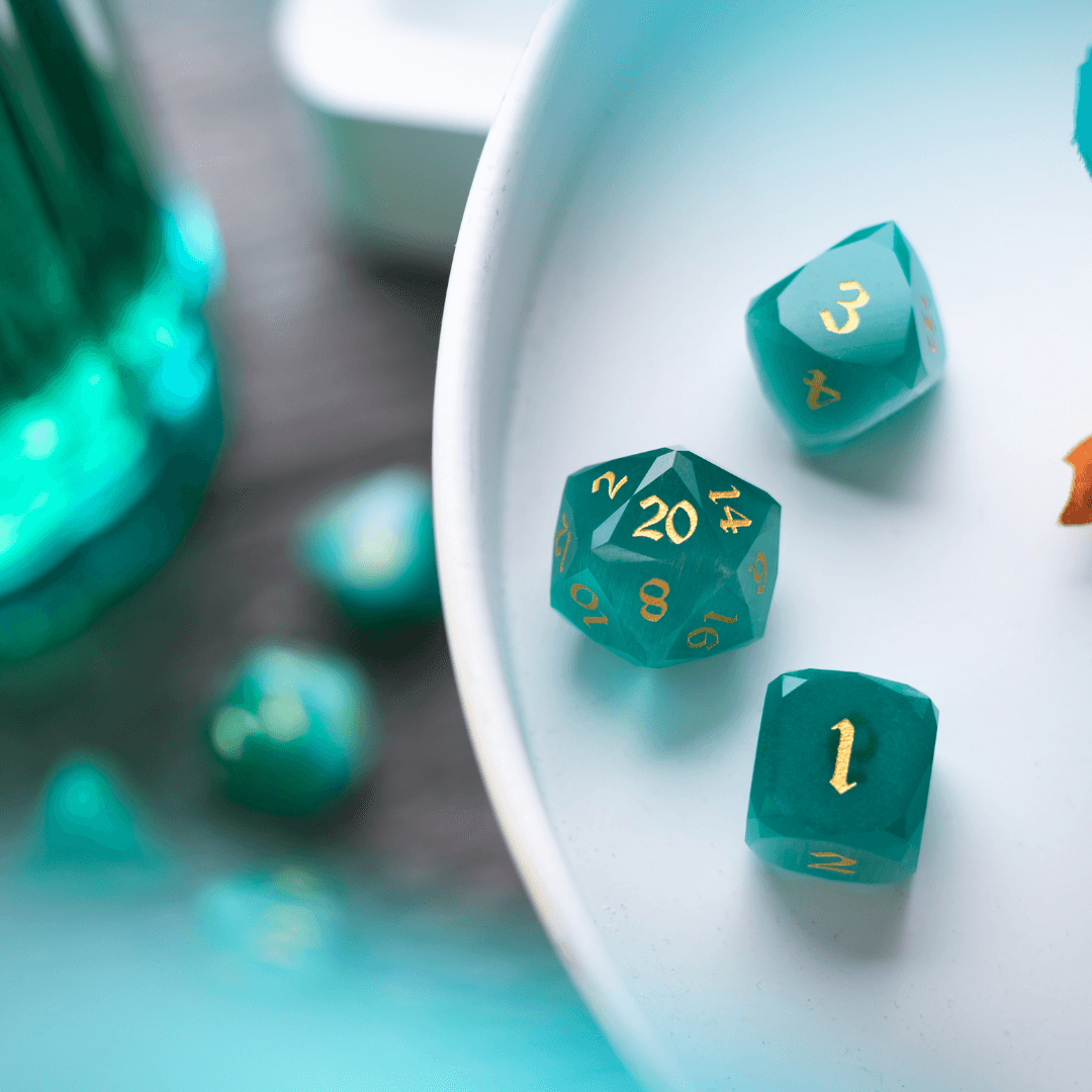 Dwarf Cut Aquamarine Cat’s Eye Gemstone Premium DND Dice Set | Gemstone Dice | Wiccan Center