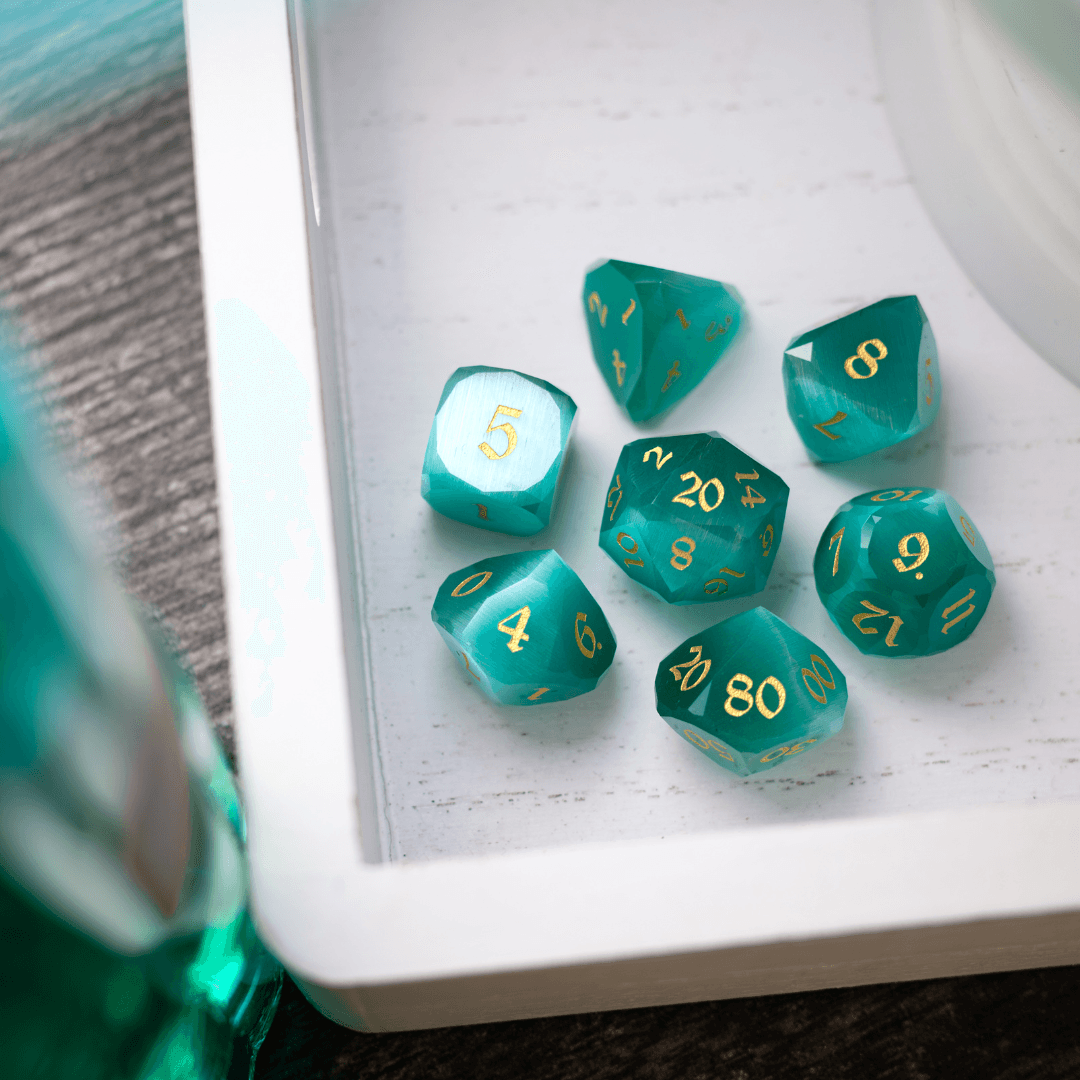 Dwarf Cut Aquamarine Cat’s Eye Gemstone Premium DND Dice Set | Gemstone Dice | Wiccan Center