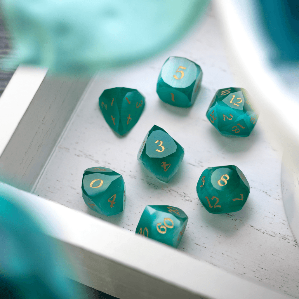 Dwarf Cut Aquamarine Cat’s Eye Gemstone Premium DND Dice Set | Gemstone Dice | Wiccan Center
