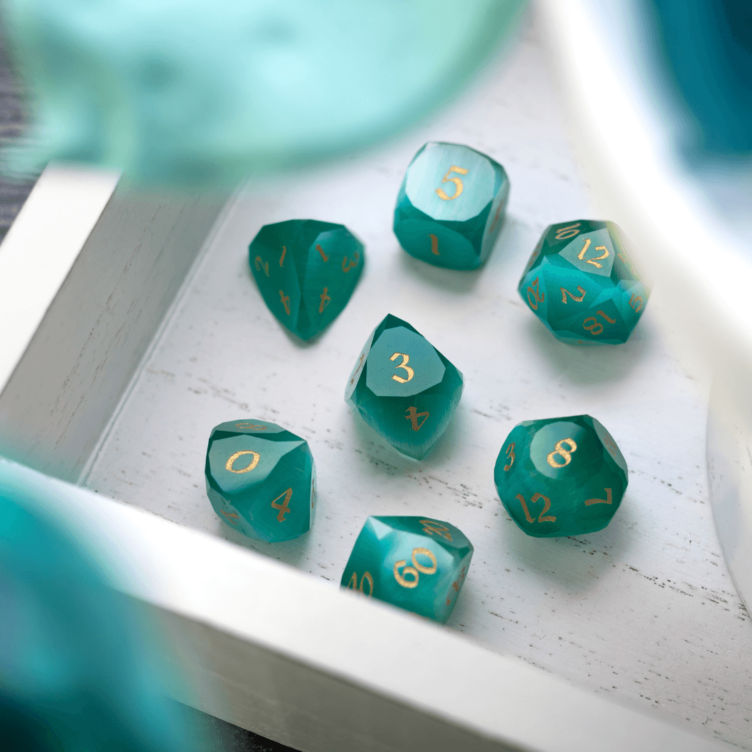 Dwarf Cut Aquamarine Cat’s Eye Gemstone Premium DND Dice Set | Gemstone Dice | Wiccan Center