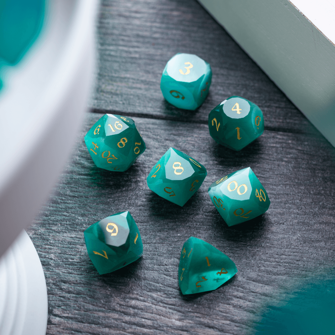 Dwarf Cut Aquamarine Cat’s Eye Gemstone Premium DND Dice Set | Gemstone Dice | Wiccan Center