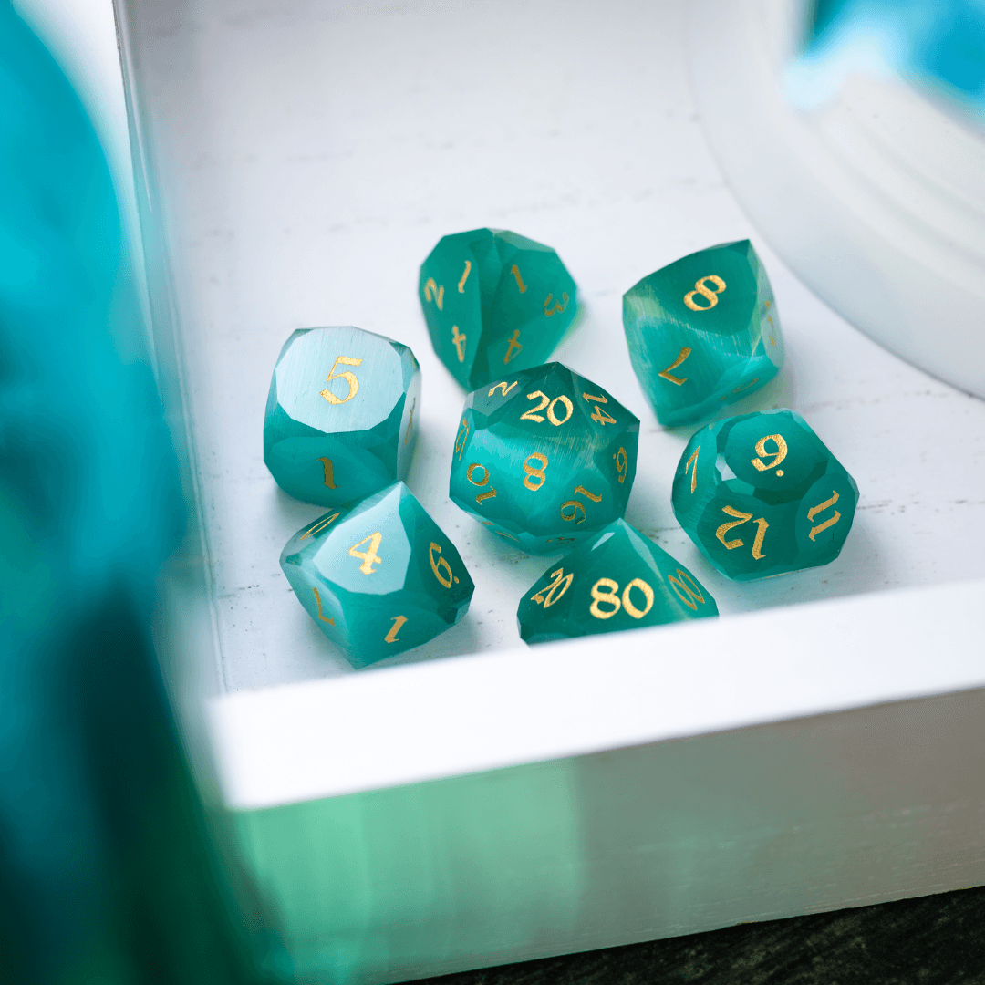 Dwarf Cut Aquamarine Cat’s Eye Gemstone Premium DND Dice Set | Gemstone Dice | Wiccan Center
