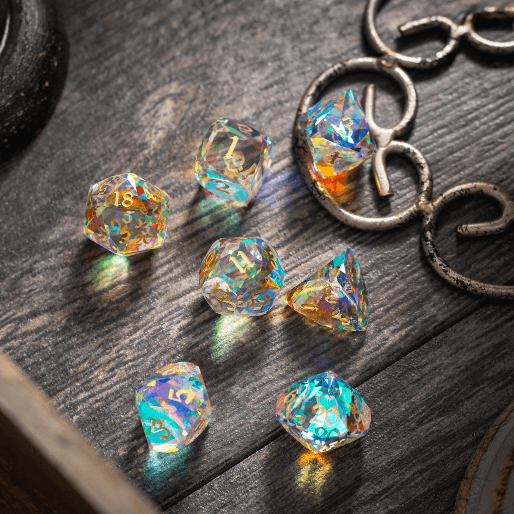 Dwarf Cut Dichroic Glass Premium DND Dice Set | Gemstone Dice | Wiccan Center