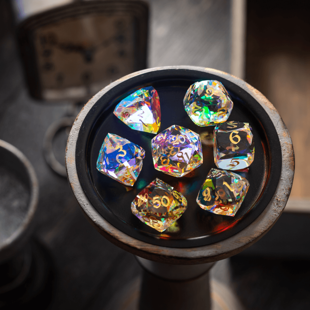 Dwarf Cut Dichroic Glass Premium DND Dice Set | Gemstone Dice | Wiccan Center