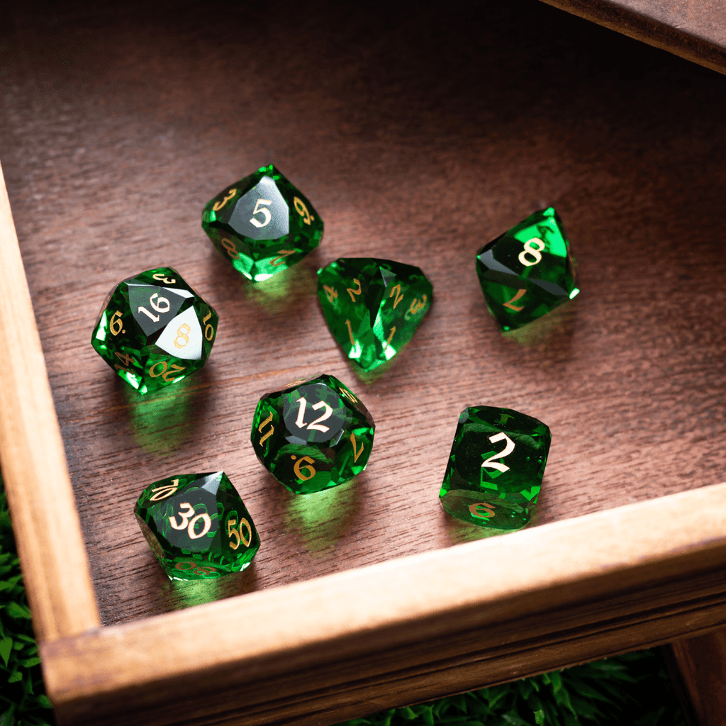 Dwarf Cut Green Gemstone Glass Premium DND Dice Set | Gemstone Dice | Wiccan Center