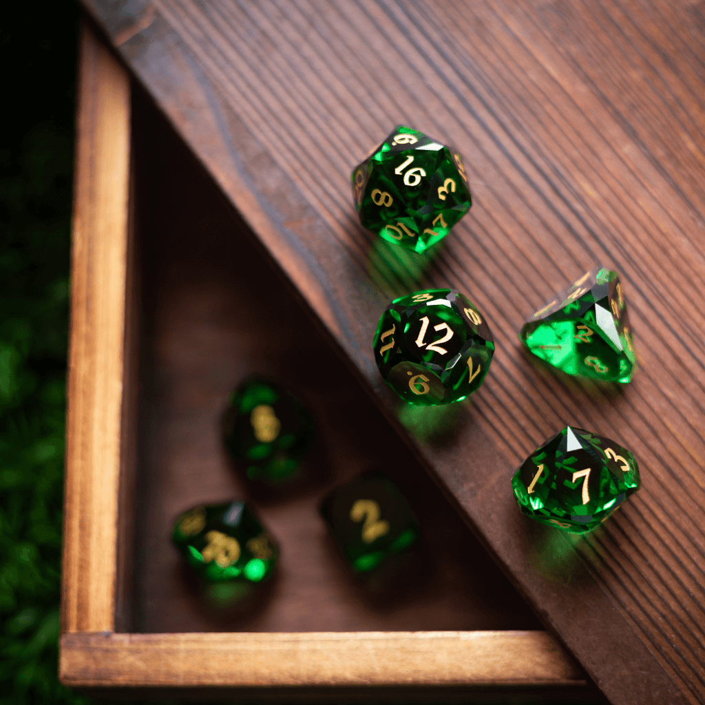 Dwarf Cut Green Gemstone Glass Premium DND Dice Set | Gemstone Dice | Wiccan Center