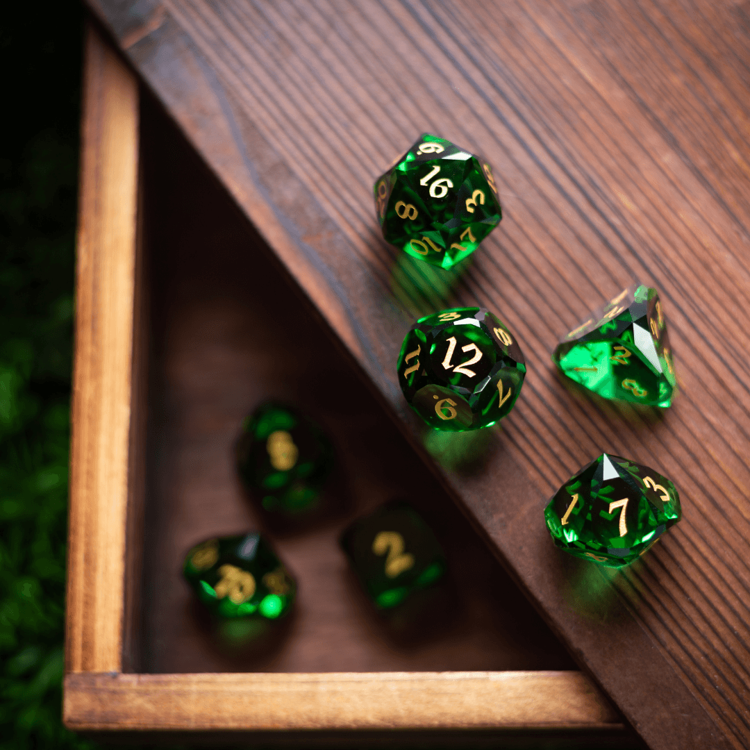 Dwarf Cut Green Gemstone Glass Premium DND Dice Set | Gemstone Dice | Wiccan Center