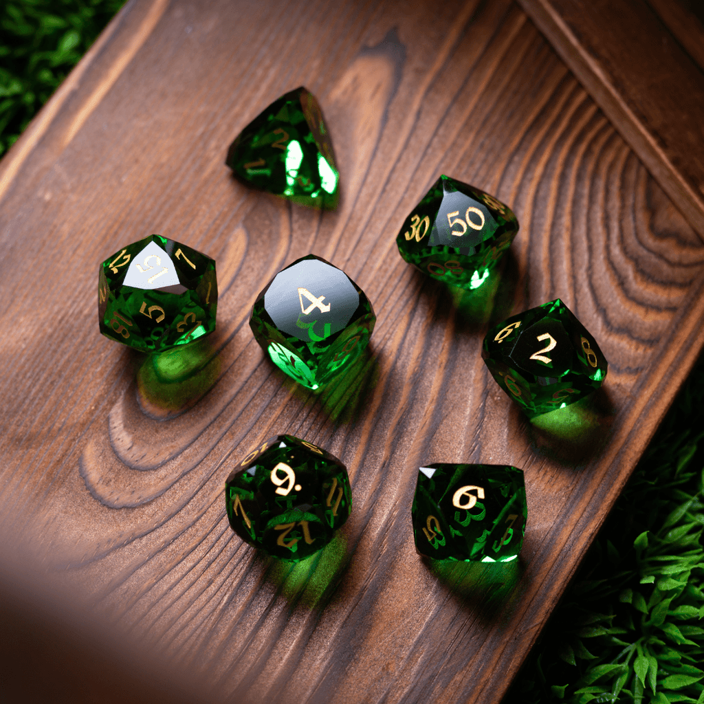 Dwarf Cut Green Gemstone Glass Premium DND Dice Set | Gemstone Dice | Wiccan Center