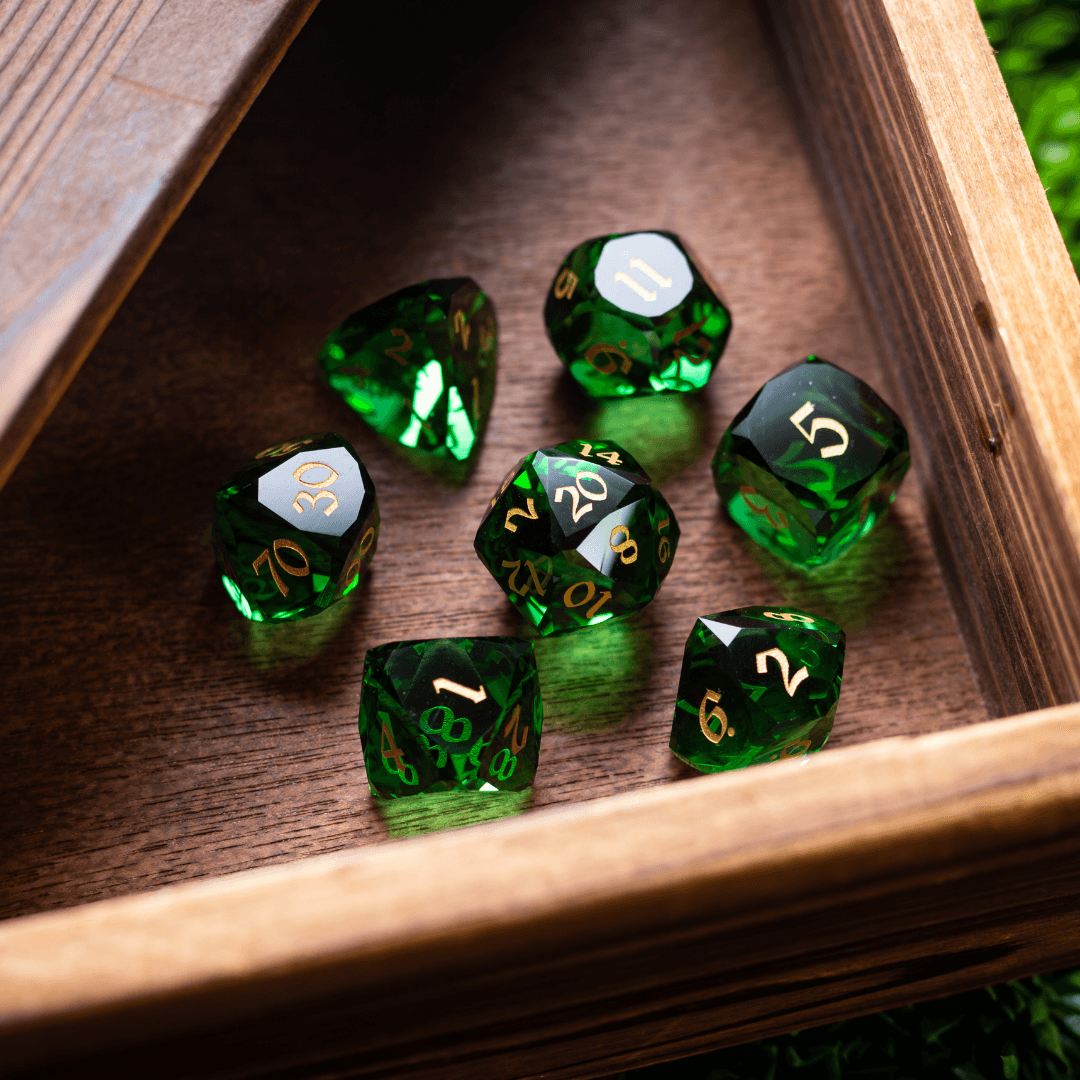 Dwarf Cut Green Gemstone Glass Premium DND Dice Set | Gemstone Dice | Wiccan Center