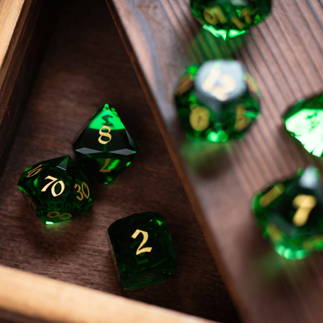 Dwarf Cut Green Gemstone Glass Premium DND Dice Set | Gemstone Dice | Wiccan Center