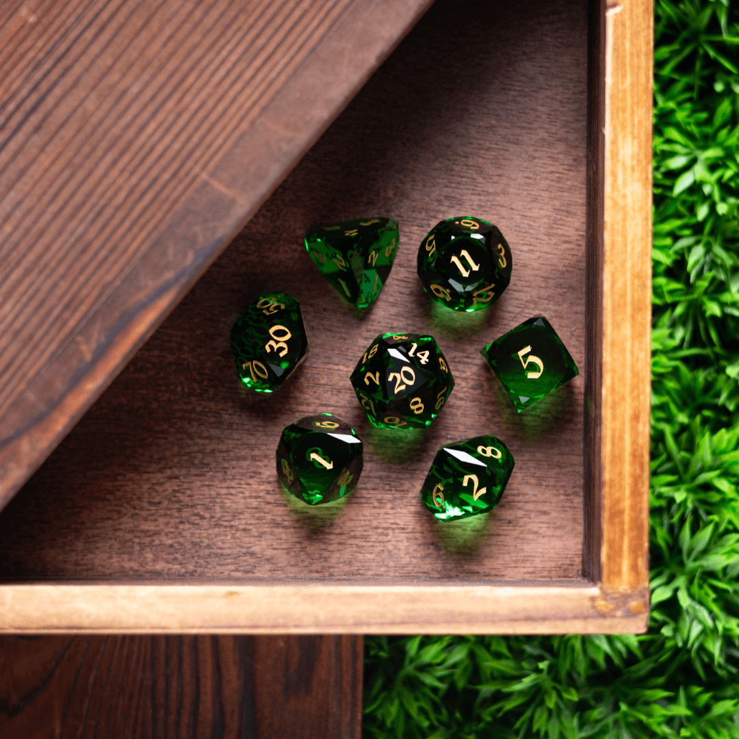 Dwarf Cut Green Gemstone Glass Premium DND Dice Set | Gemstone Dice | Wiccan Center