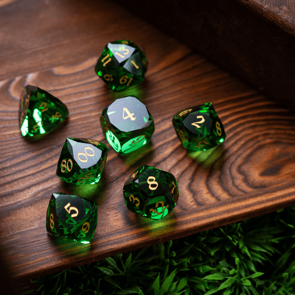 Dwarf Cut Green Gemstone Glass Premium DND Dice Set | Gemstone Dice | Wiccan Center