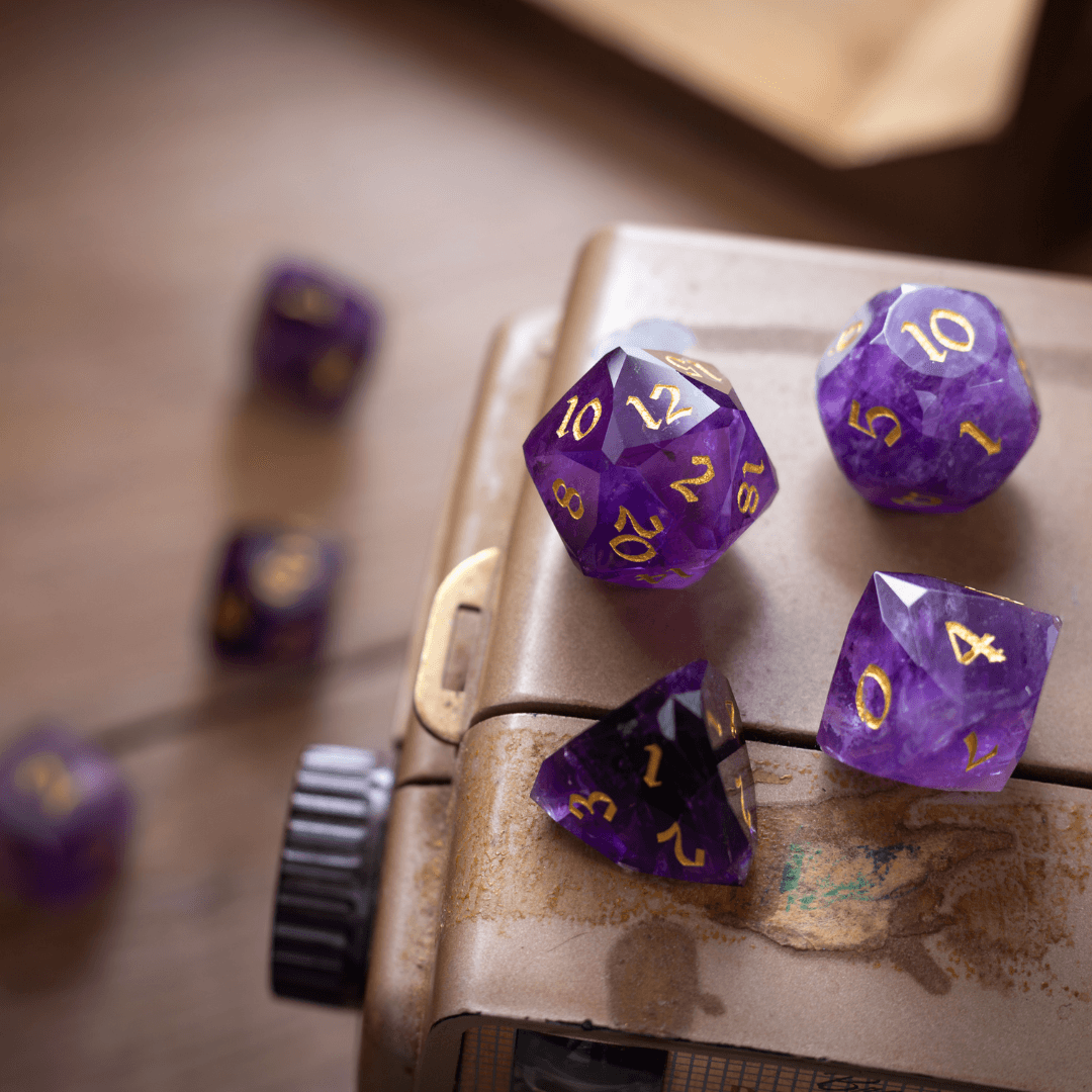 Dwarf Cut Purple Amethyst Gemstone Premium DND Dice Set | Gemstone Dice | Wiccan Center