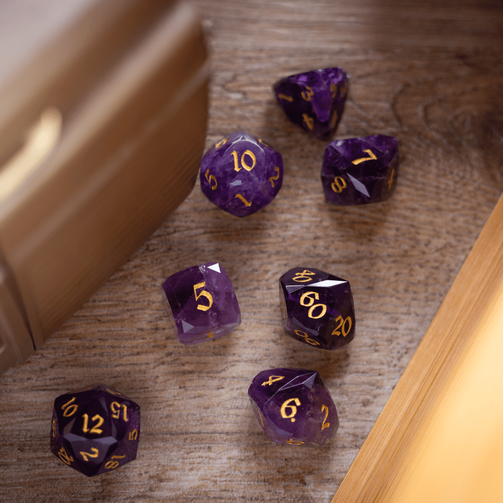 Dwarf Cut Purple Amethyst Gemstone Premium DND Dice Set | Gemstone Dice | Wiccan Center