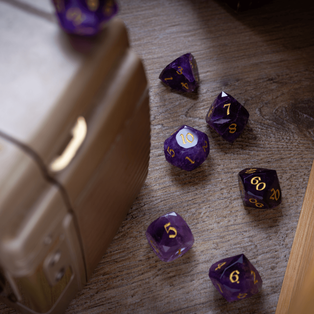 Dwarf Cut Purple Amethyst Gemstone Premium DND Dice Set | Gemstone Dice | Wiccan Center