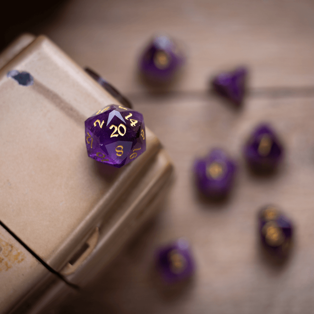 Dwarf Cut Purple Amethyst Gemstone Premium DND Dice Set | Gemstone Dice | Wiccan Center