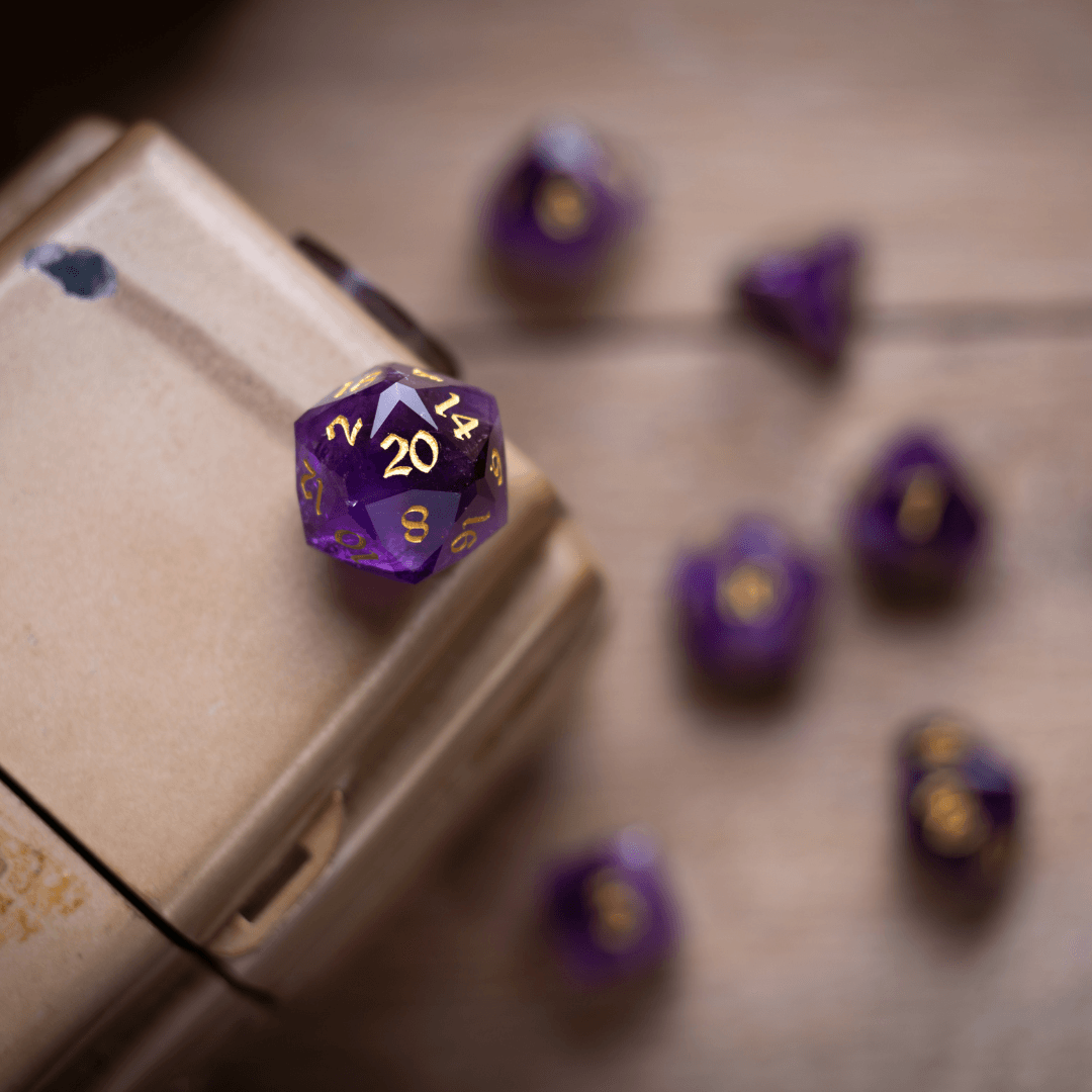 Dwarf Cut Purple Amethyst Gemstone Premium DND Dice Set | Gemstone Dice | Wiccan Center