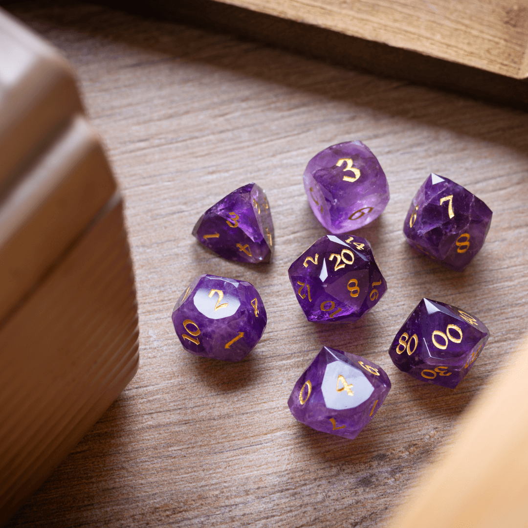 Dwarf Cut Purple Amethyst Gemstone Premium DND Dice Set | Gemstone Dice | Wiccan Center