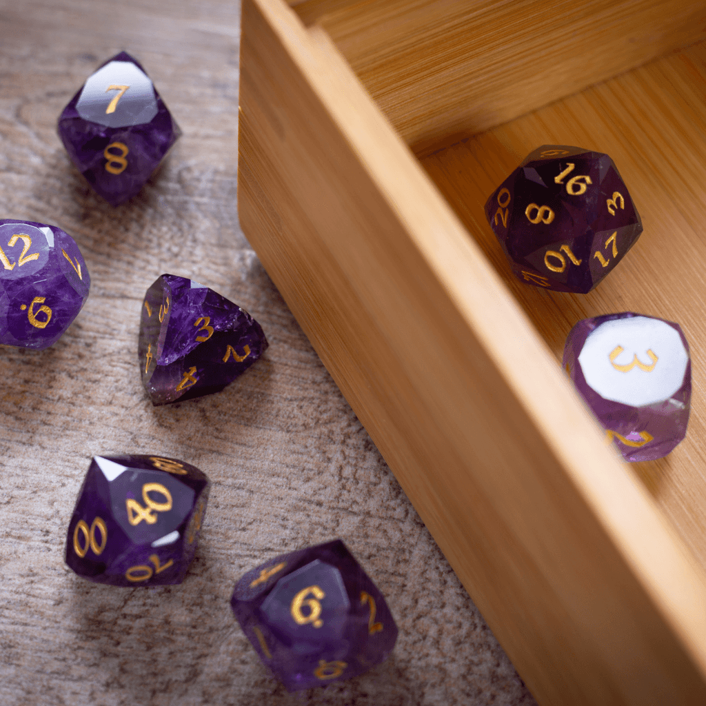 Dwarf Cut Purple Amethyst Gemstone Premium DND Dice Set | Gemstone Dice | Wiccan Center