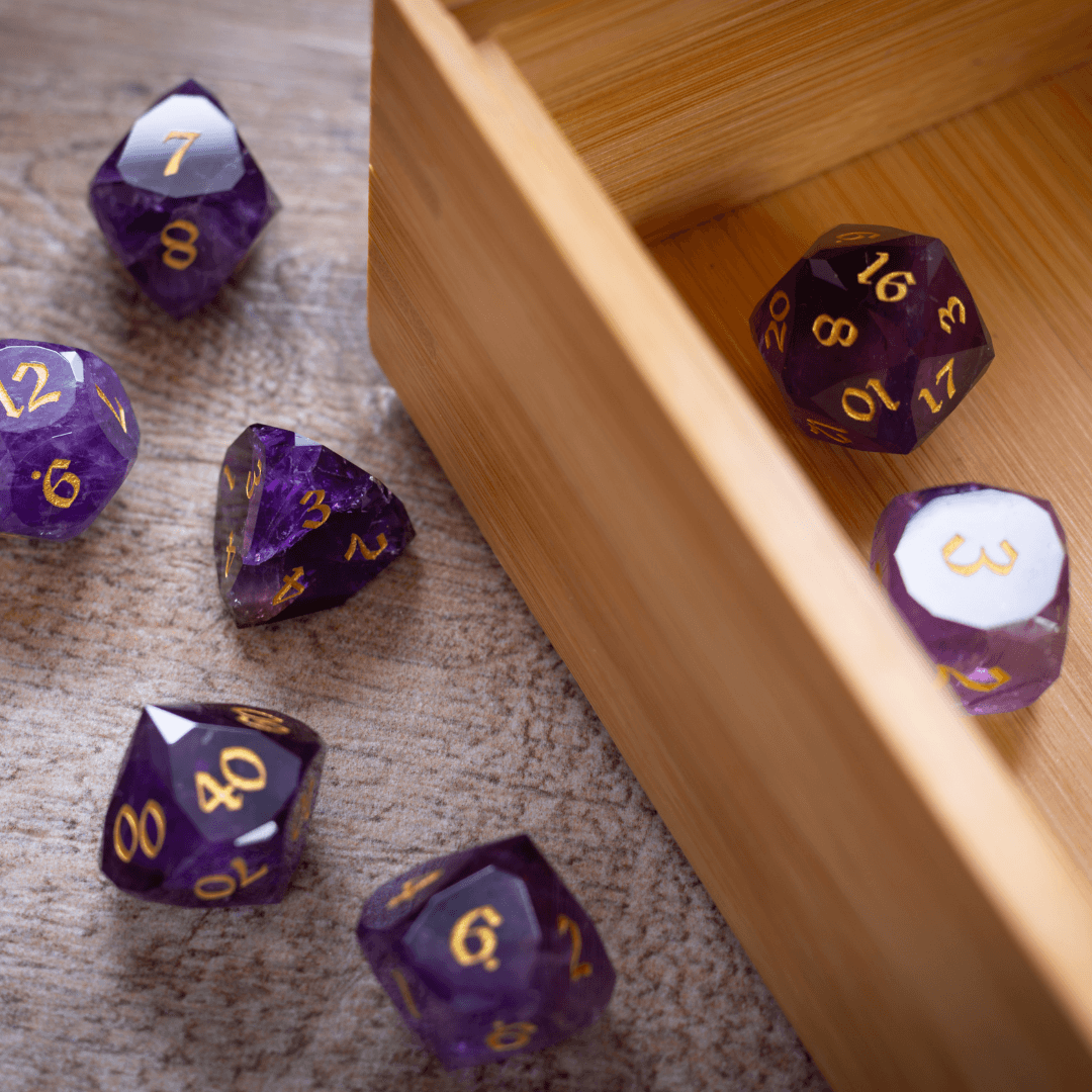 Dwarf Cut Purple Amethyst Gemstone Premium DND Dice Set | Gemstone Dice | Wiccan Center
