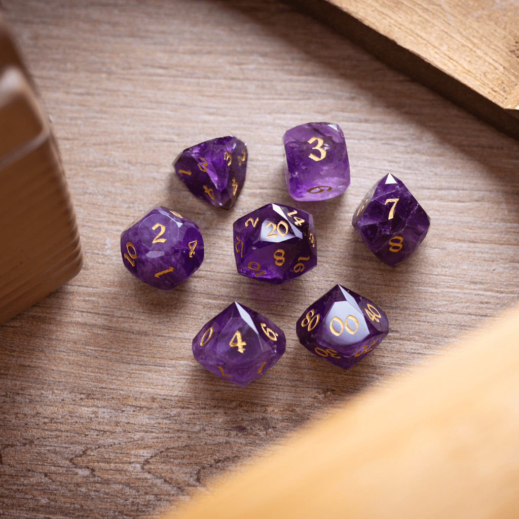 Dwarf Cut Purple Amethyst Gemstone Premium DND Dice Set | Gemstone Dice | Wiccan Center