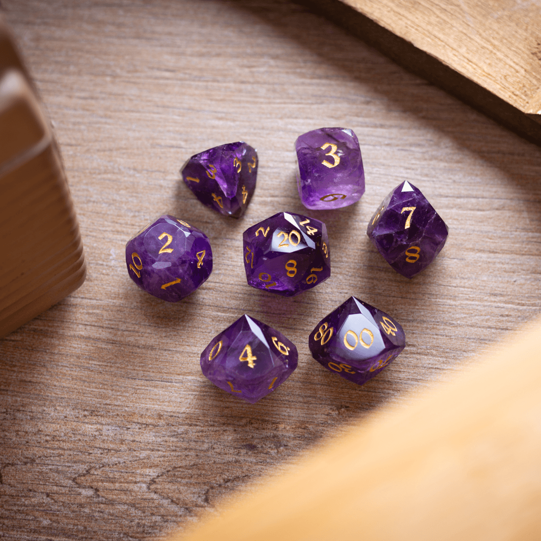 Dwarf Cut Purple Amethyst Gemstone Premium DND Dice Set | Gemstone Dice | Wiccan Center