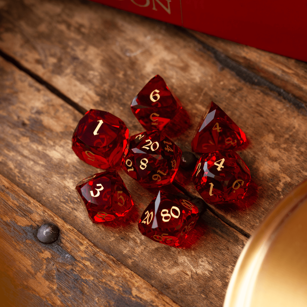 Dwarf Cut Red Gemstone Glass Premium DND Dice Set | Gemstone Dice | Wiccan Center