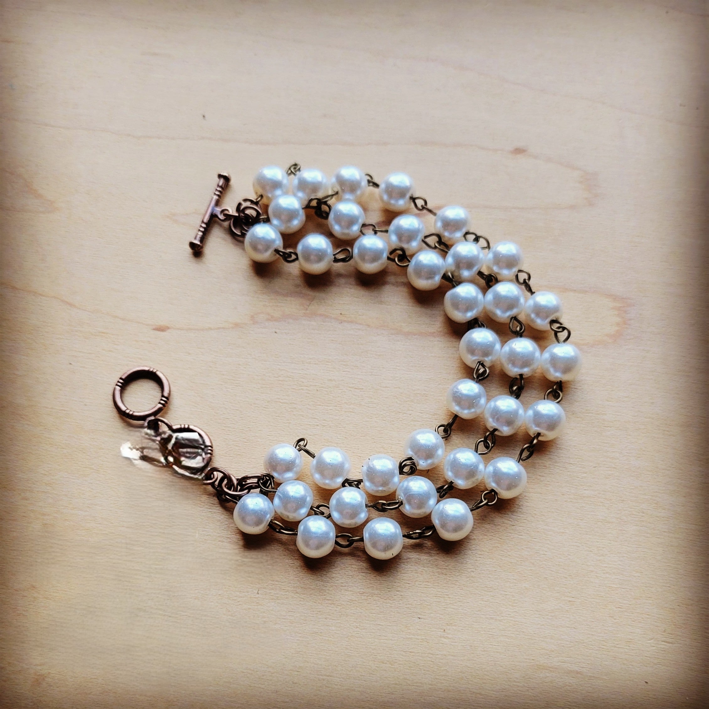 Pearl  & Copper Triple Strand Bracelet 804a