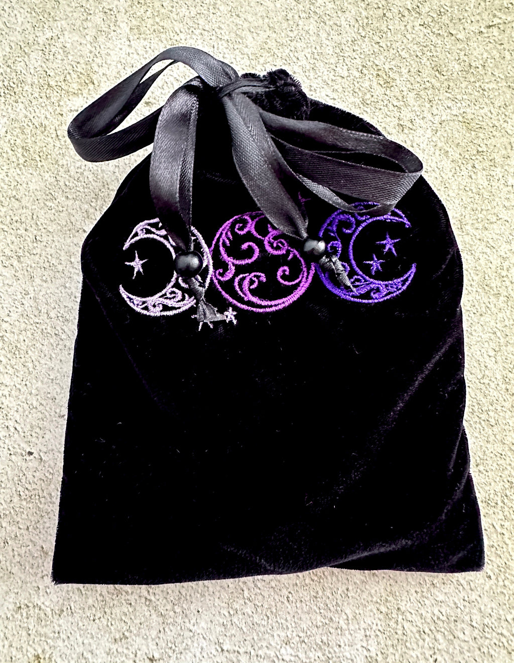 Triple Moon Black Velvet Embroidered Tarot Card Bag With Satin Lining