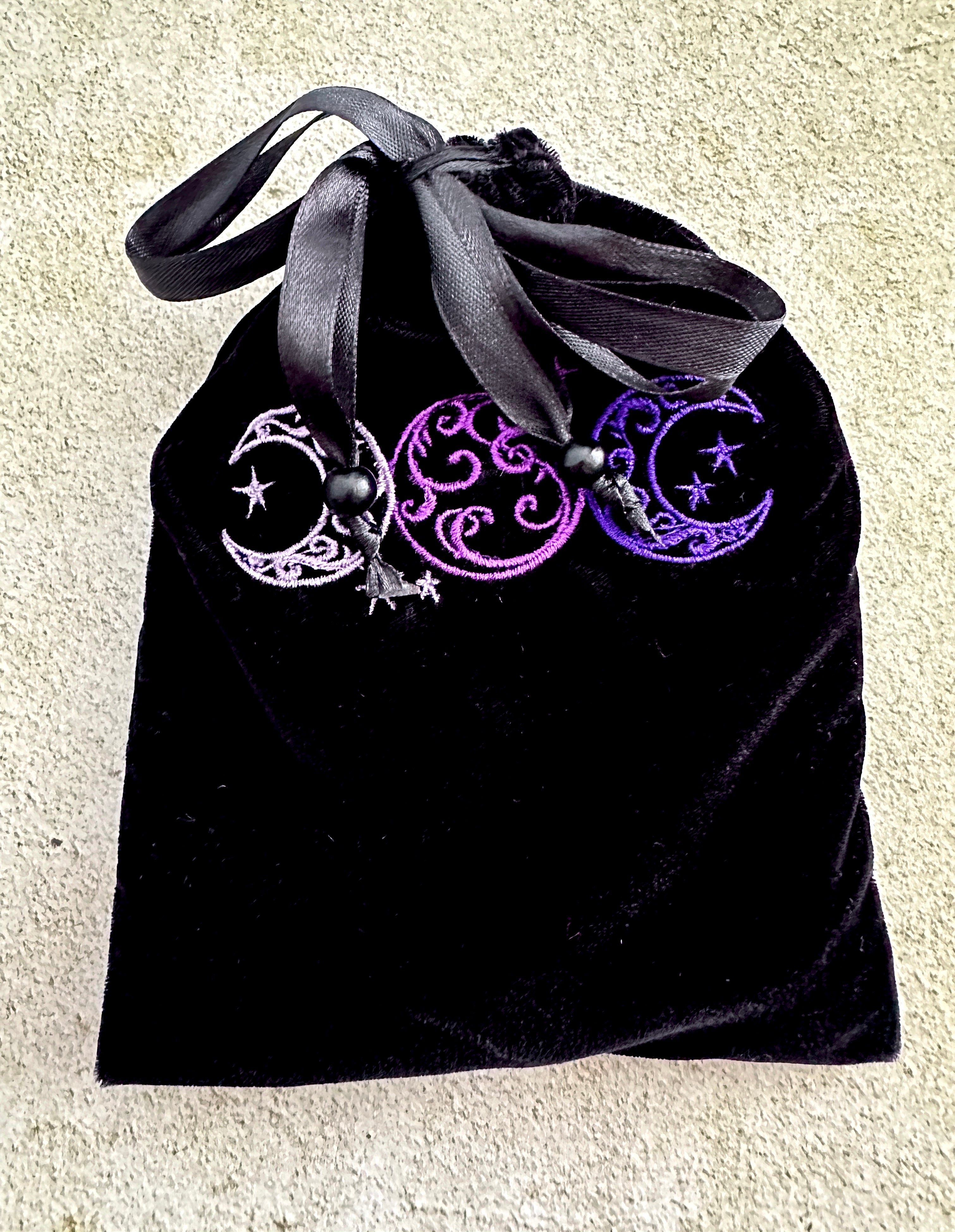Triple Moon Black Velvet Embroidered Tarot Card Bag With Satin Lining