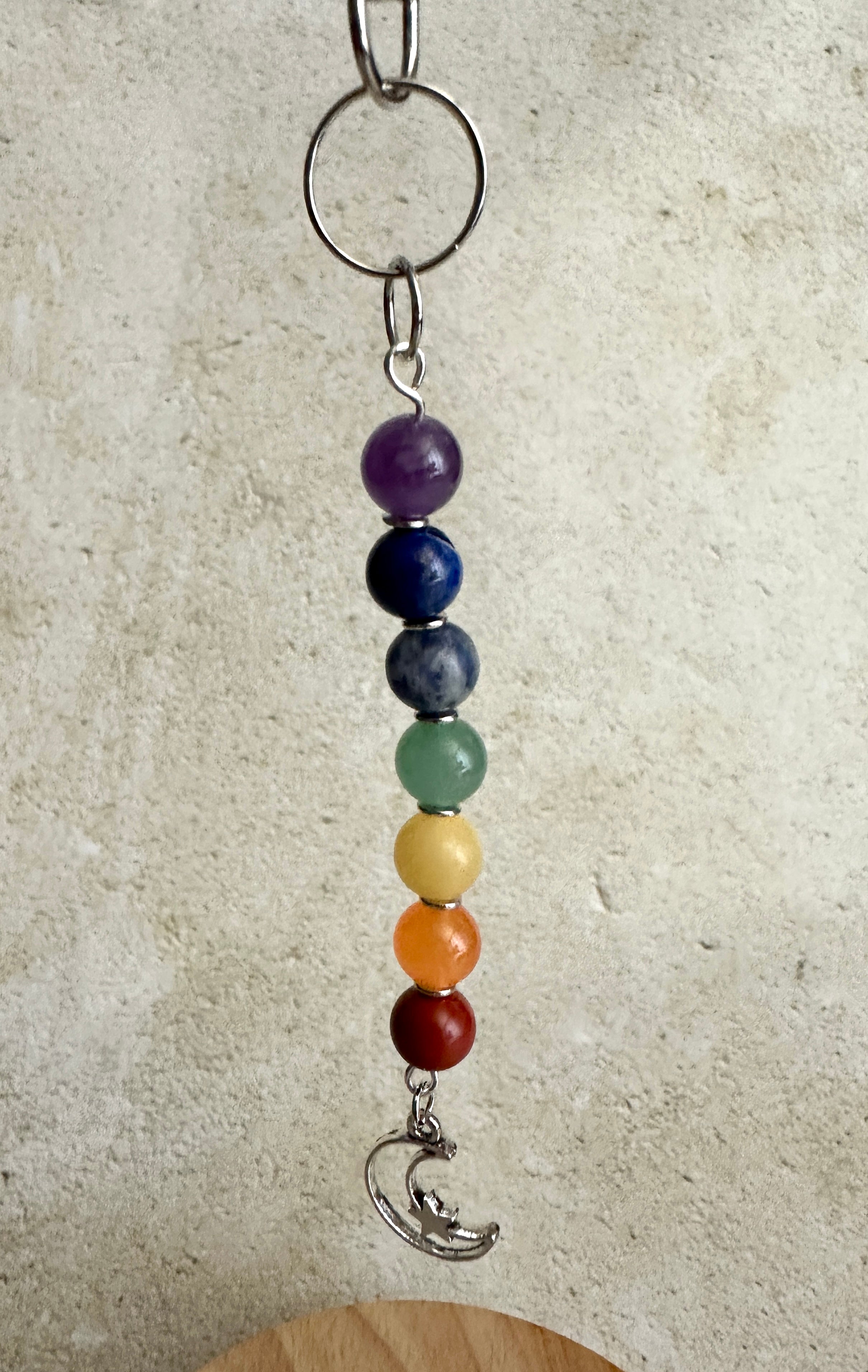 7 Chakra Crystal Gemstone Bag Charm Keychain - Choose Silver Lotus, Moon, Om Charm