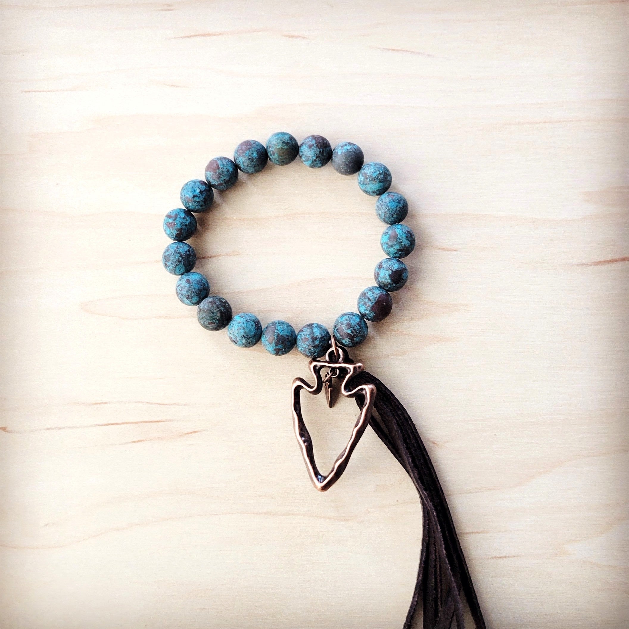 **Natural American Turquoise Beaded Bracelet w/ Tassel and Arrowhead 811e