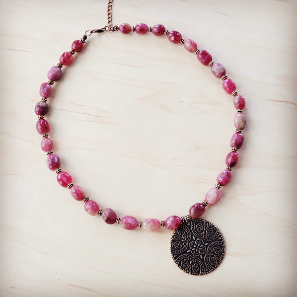 **Natural Pink Jade Beaded Collar Necklace w/ Scroll Pendant 261L | Necklace | Wiccan Center