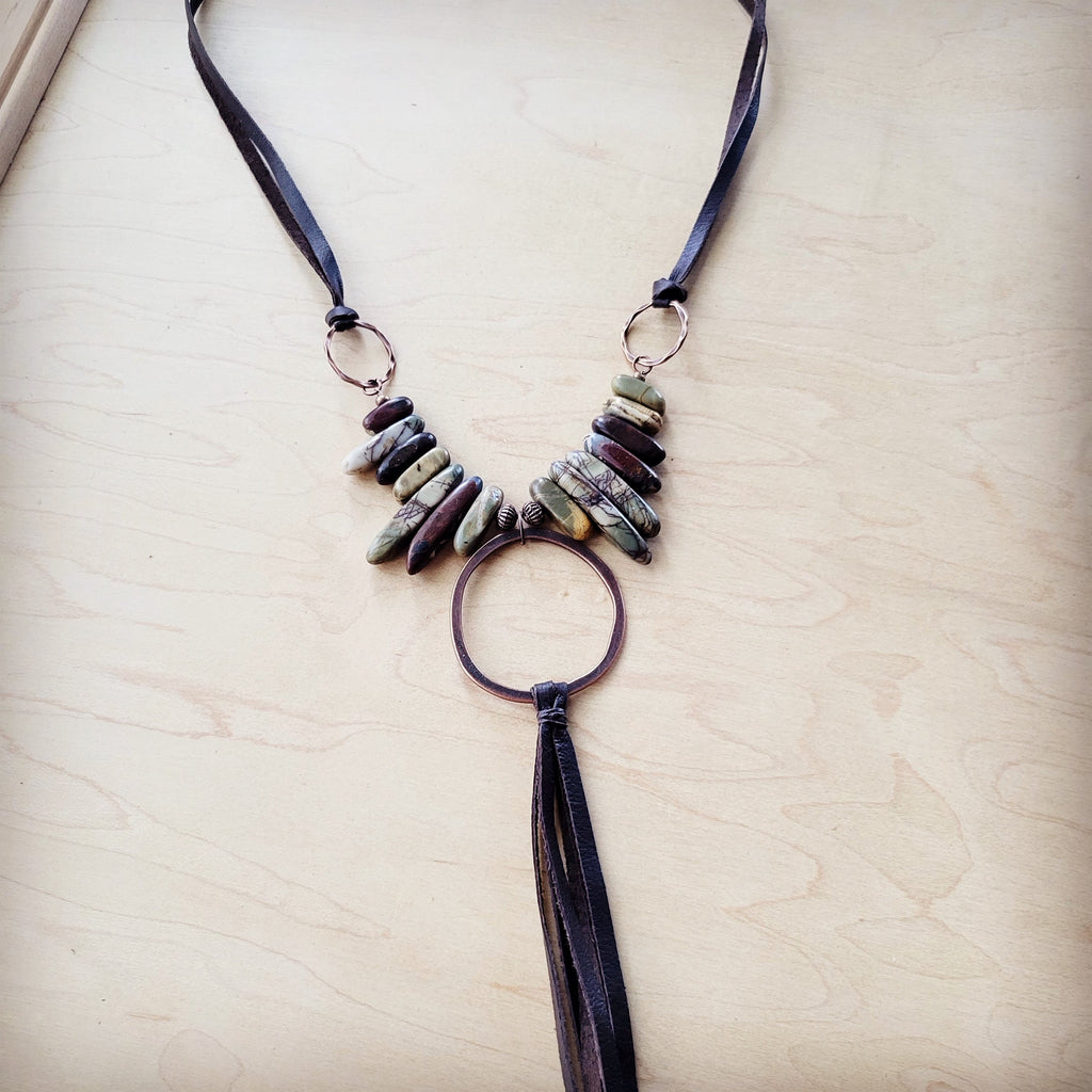 Picasso Jasper Necklace w/ Copper Hoop & Leather Tassel 261e | Necklace | Wiccan Center