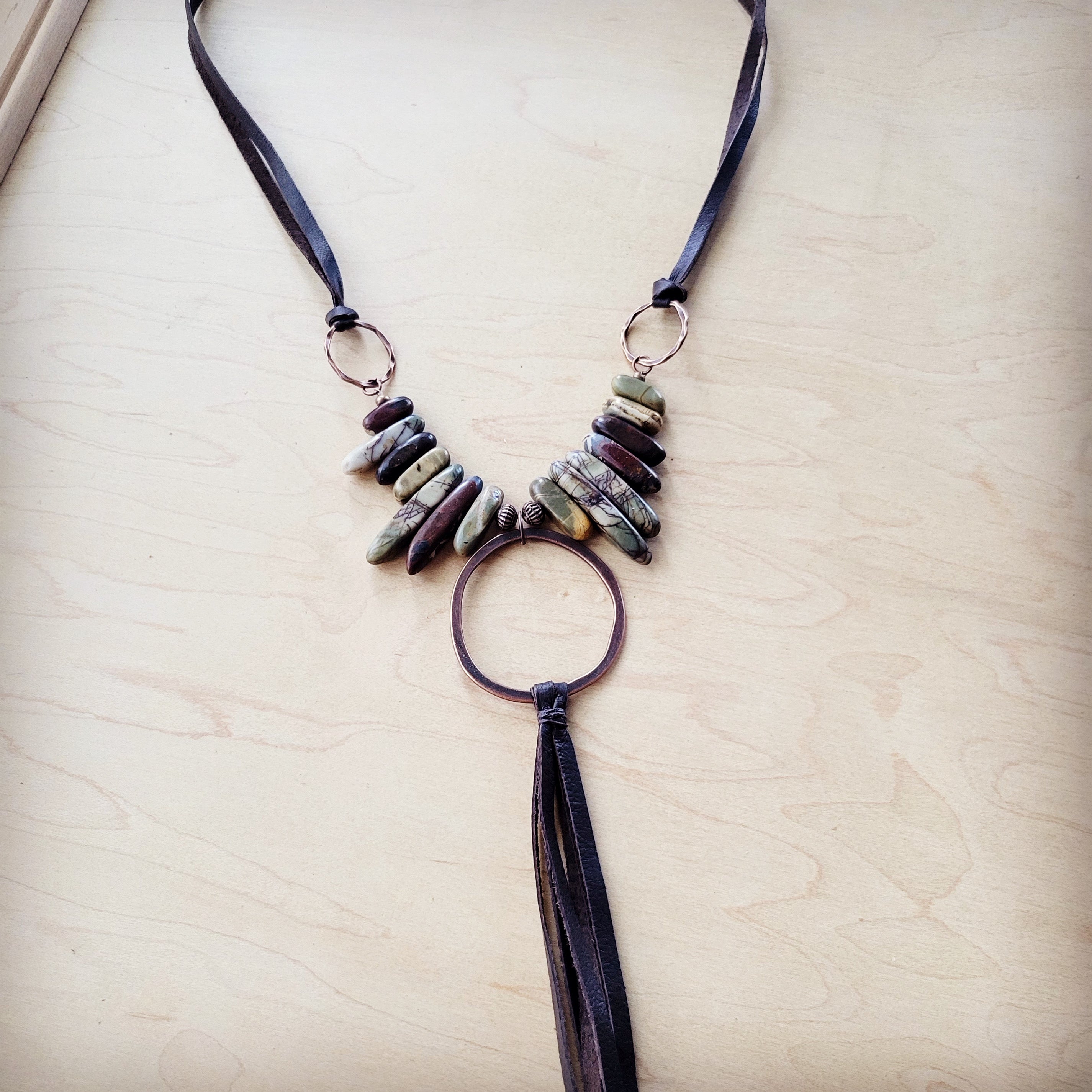 Picasso Jasper Necklace w/ Copper Hoop & Leather Tassel 261e | Necklace | Wiccan Center