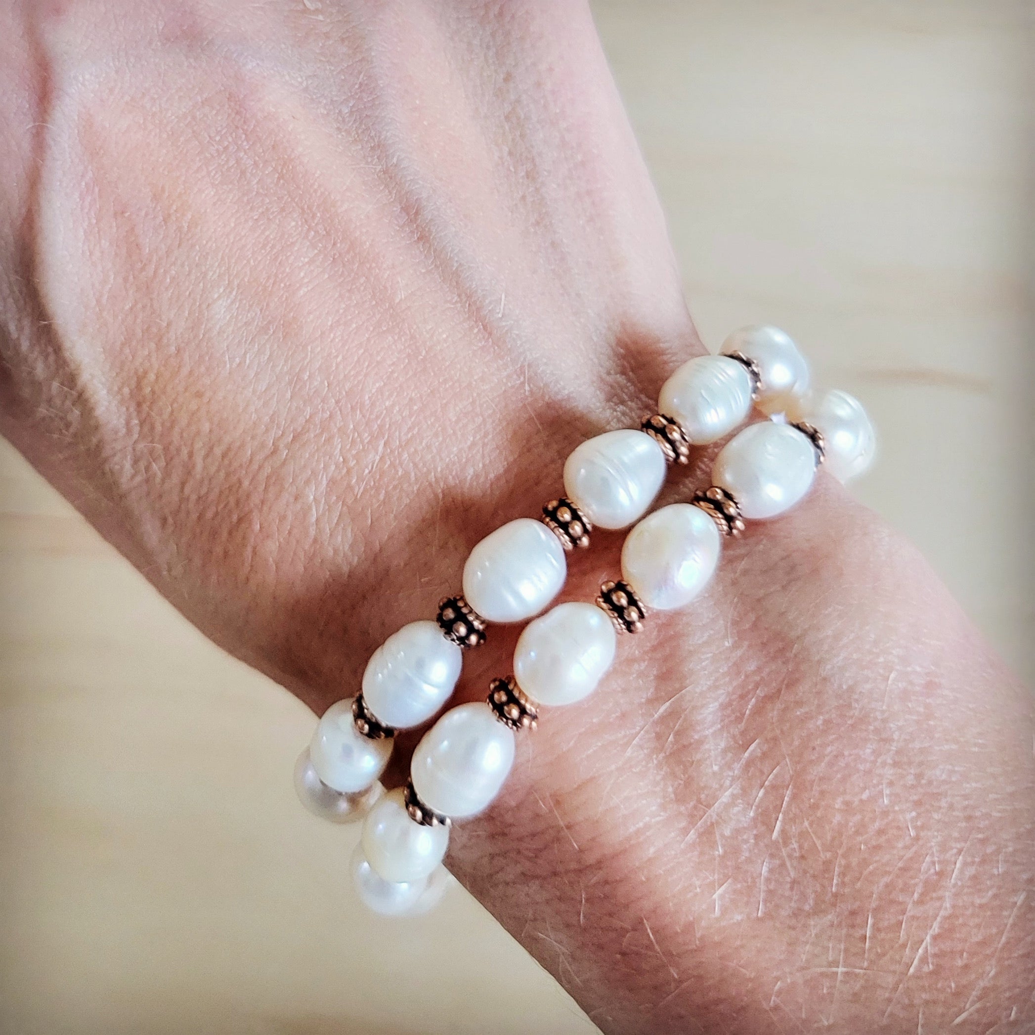 Freshwater Pearl & Copper Boho Beaded Double Strand Bracelet 811y | Bracelet | Wiccan Center