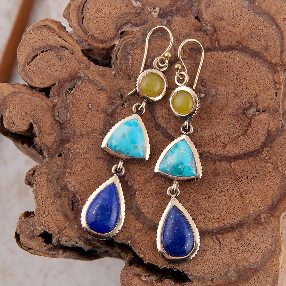 Yellow Quartz and Blue Turquoise Golden Drop Earrings | Earrings | Wiccan Center
