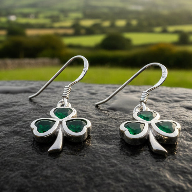 Sparkle Emerald Irish Shamrock Earrings in Sterling Silver | Dangle Earrings | Wiccan Center