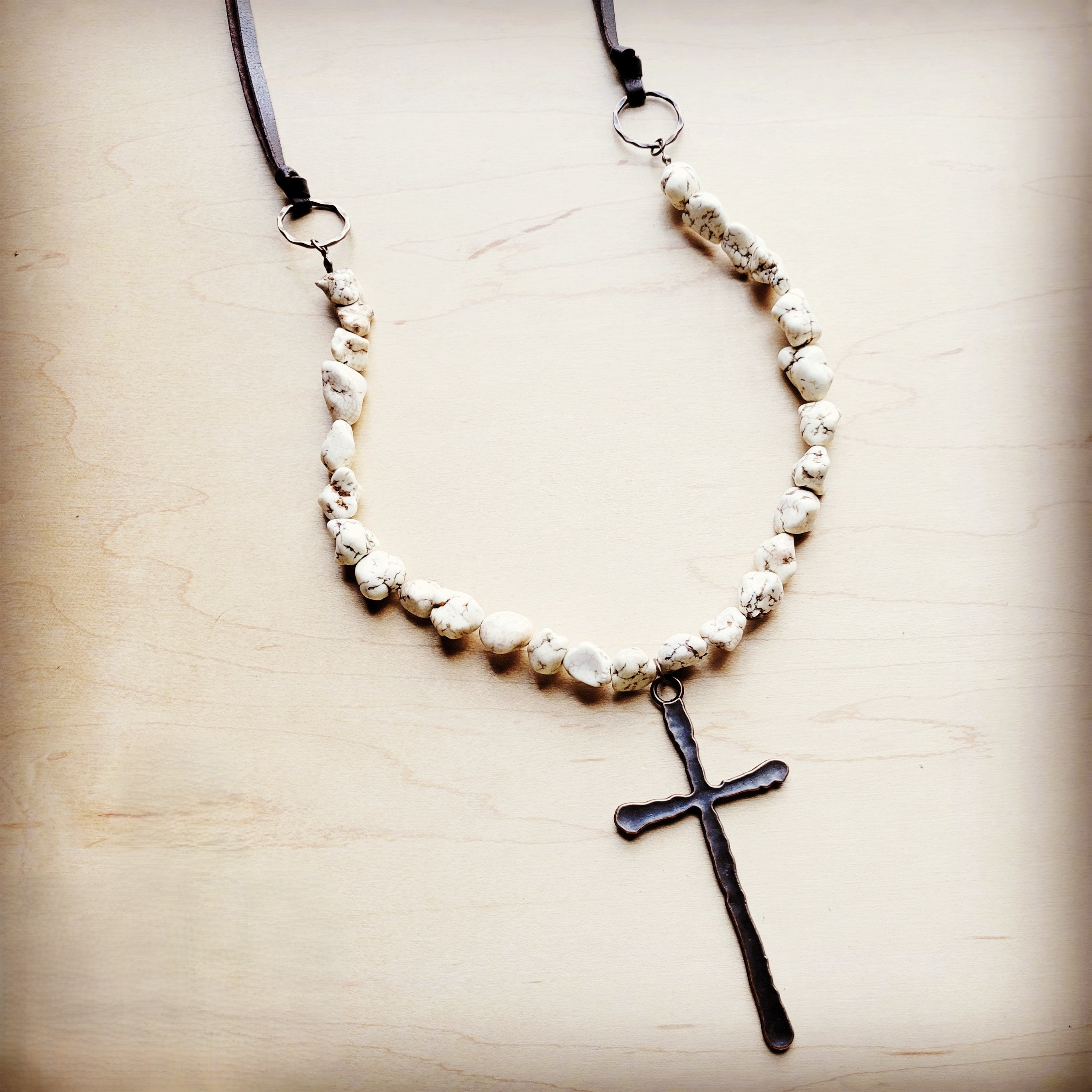 White Chunky Turquoise Necklace w/ Large Copper Cross 254g | Necklace | Wiccan Center