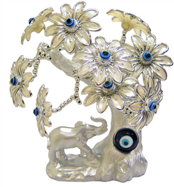 Silver Colored Evil Eye Bonsai tree with Elephant and White Flowers Model D-0001 | EVIL EYES | Wiccan Center